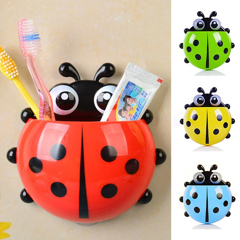 Cute Ladybug Toothbrush Holder Bathroom Cartoon Toothbrush Toothpaste Wall Suction Pencil/Pen Holder Rack Container Organizer