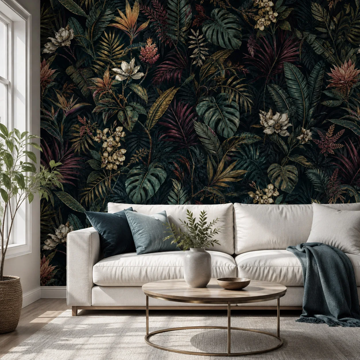 Dark Tropical Jungle Wallpaper Mural Botanical Leaves Floral Wall Art for Living Room Bedroom Non Self Adhesive Glue Required