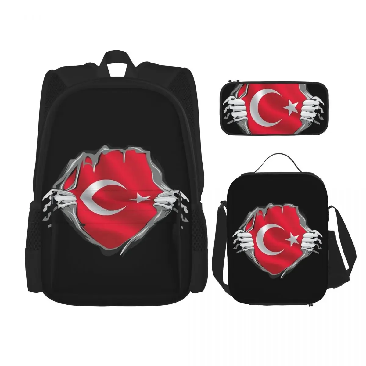 Mochilas con bandera de la República de Turquía para niños y niñas, mochila escolar para estudiantes, bolsa de almuerzo, bolsa para bolígrafos, juego de tres piezas