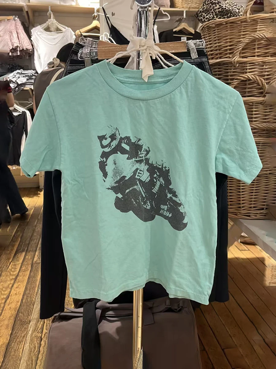 Motorcycle Graphic Print Crop Top Woman Round Neck Short Sleeve Cotton Summer Tee Tops Casual Y2k Streetwear Green New Tshirts