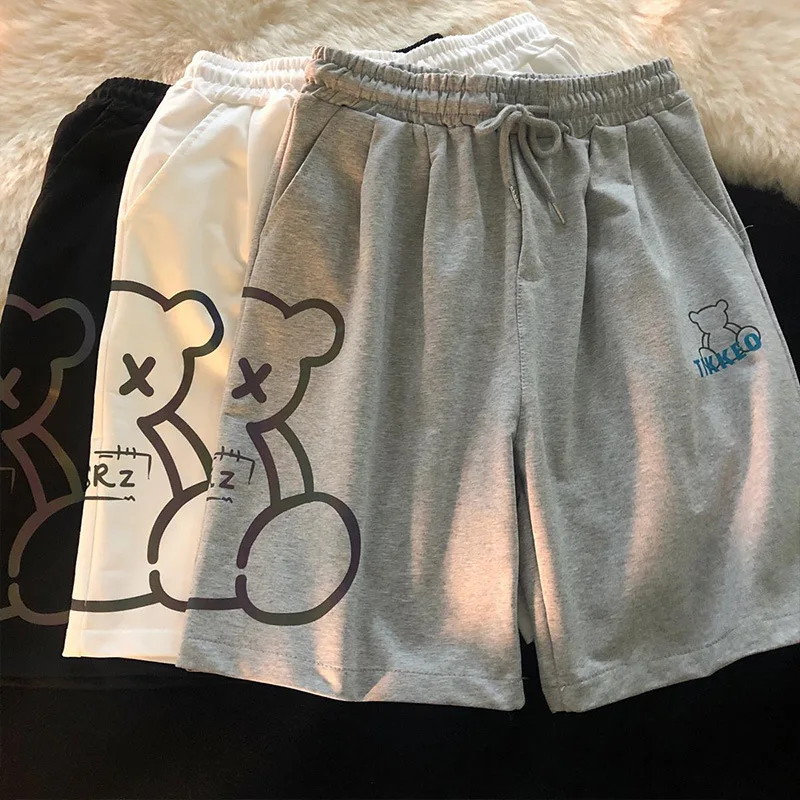 Bear Print Cotton Joggers for Women, Summer Shorts, High Waist, Wide Leg Sweatpants, Harajuku Sport Running, Loose Shorts