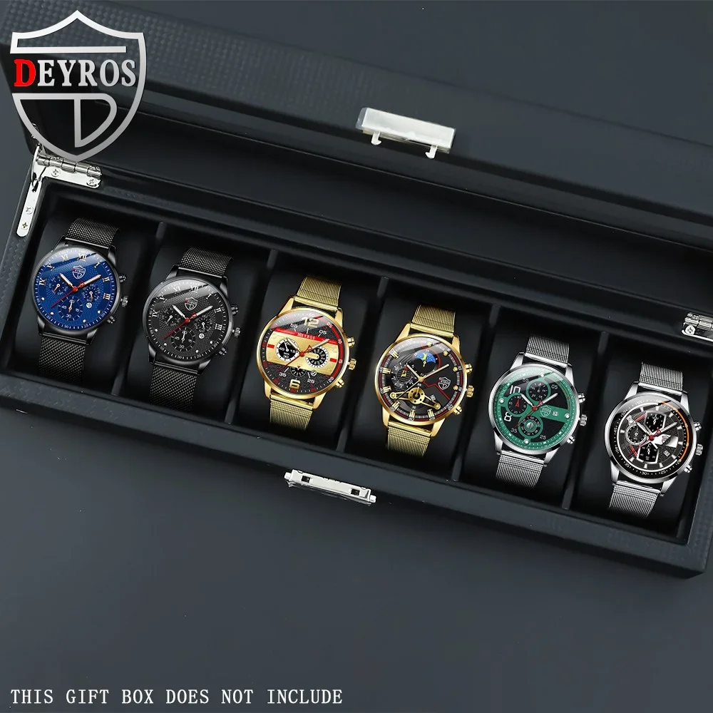 DEYROS Luxury 1/6 Pcs/ Set Men's Watch Set Quartz Outdoor Mesh Alloy Strap Trendy Style Men's Watches Gift Ideas