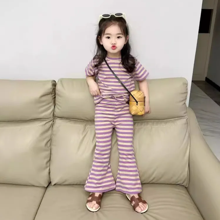 Striped Suit Girls Children 2024 New Spring and Summer Clothes Short Sleeve Suit Female Treasure Horn Elastic Two-piece Set