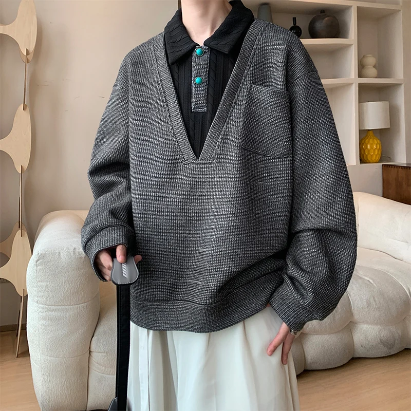 

Large-sized Men's Polo Shirt Fake Two-piece Lapel Sweater Men's Autumn and Winter New Style Warm Loose Long-sleeved for Students
