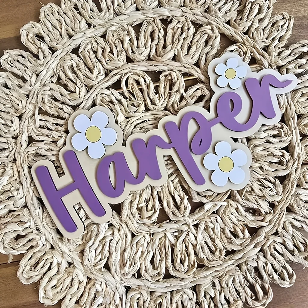 A double-layer letter wooden custom surname brand, with cute floral decorations on the wall, perfect birthday gift image 3