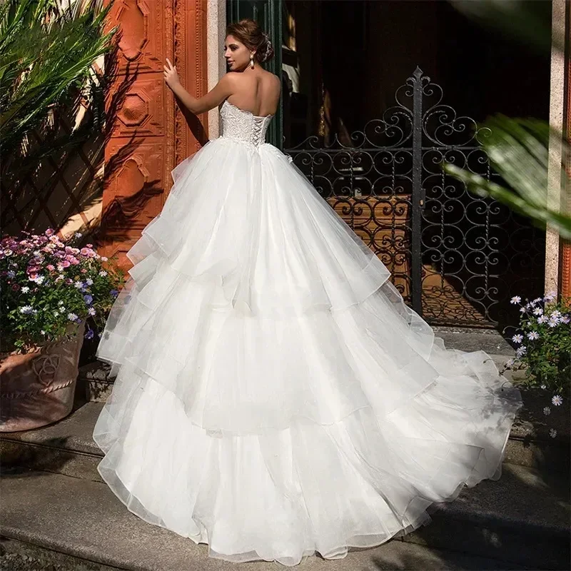 Querida charme renda vestido de noiva fofo romântico em camadas chiffon plissado vestido de baile vestido de casamento personalizado