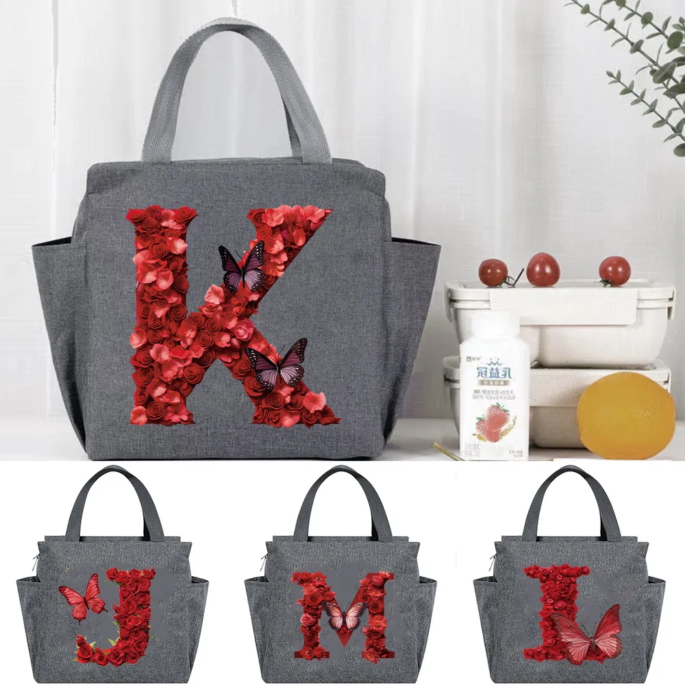 Large Capacity Canvas Lunch Bag Red Rose Letter Print Tote Bag Storage Handbag for Office Picnic Travel Fashion