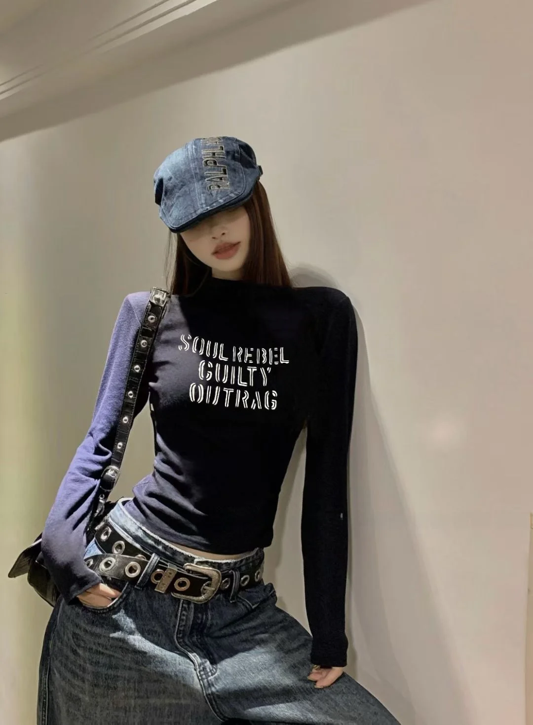 تي شيرت كوري أنيق طويل Sve مستدير Ne مطبوع عليه حروف تي شيرت نسائي بقصة ضيقة قاعدة irt قطن قابل للتنفس للتنقل Sle #1