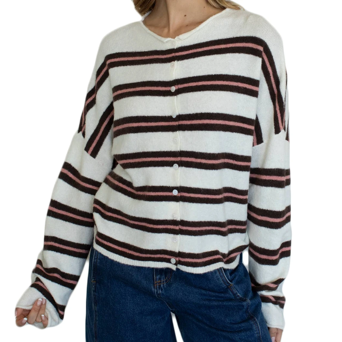 เสื้อสตรีลายทางติดกระดุมแขนยาว คอกลม สไตล์ลำลอง เสื้อสเวตเตอร์แบบสวมสำหรับฤดูใบไม้ร่วง เสื้อคาร์ดิแกนถักทันสมัยสำหรับใส่ในชีวิตประจำวัน