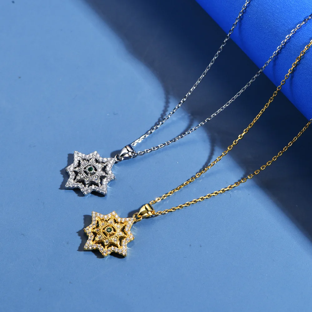 Zhenchengda 925 Pure Silver Plated 18k Gold Necklace Women's Full Diamond Octagonal Star Collar Chain