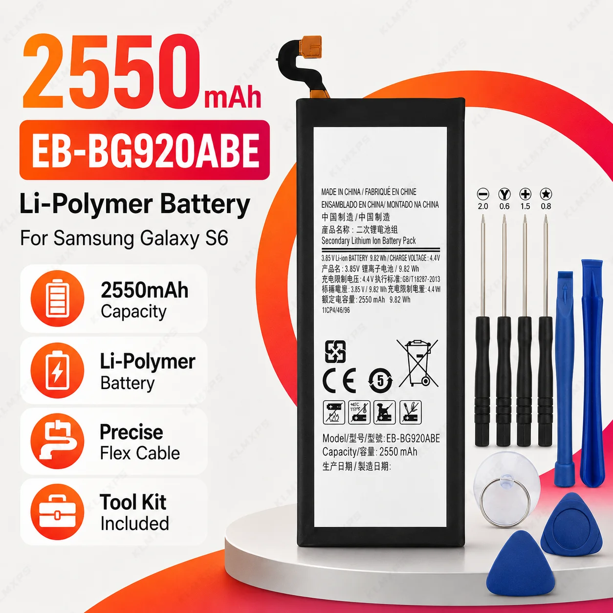 EB-BG920ABE 2550mAh High Capacity Battery for Samsung Galaxy S6 G9200 G920F G920V G920A G920T G920I G920W8 Free Tools