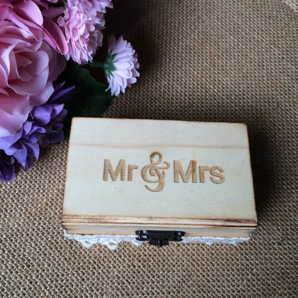 

Rustic Wooden Ring Box Mr Mrs Carved Design Durable Metal Lock Classic Wood Wedding Holder For Keepsake Engagement