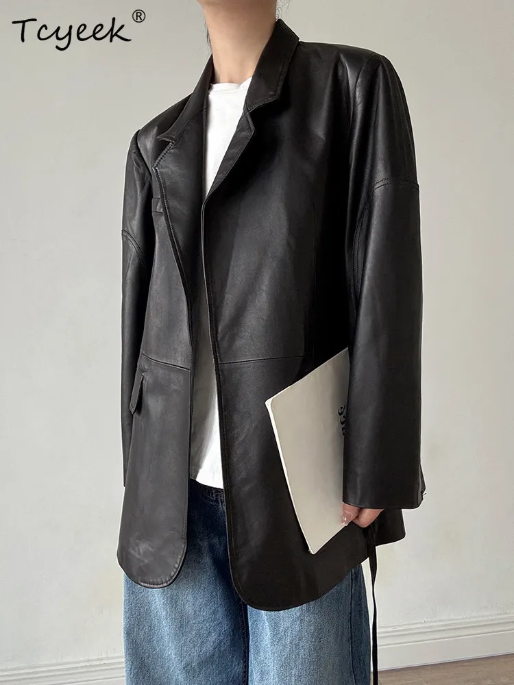 Tcyeek veste en cuir véritable femmes automne vêtements réel manteaux en peau de mouton pour femme mi-longue Trench Coat Semi tannage végétal