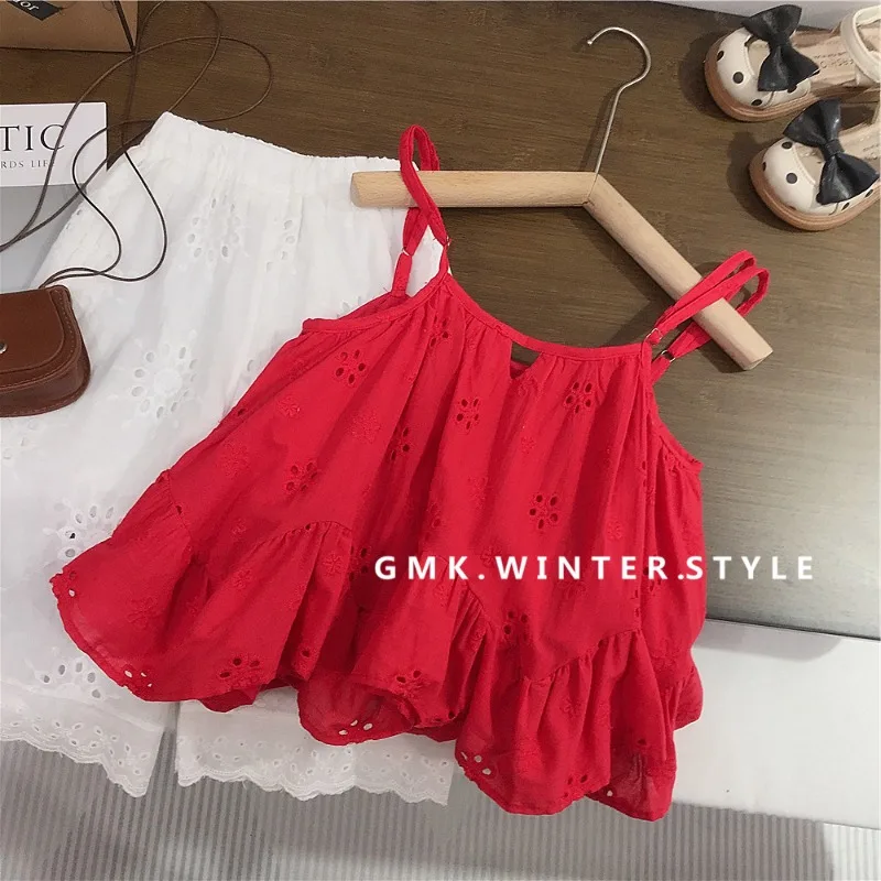 Korean Style Girls Vacation Style Dress with Red Hollow Out Stylish Summer Top Wide Leg Pants Foreign