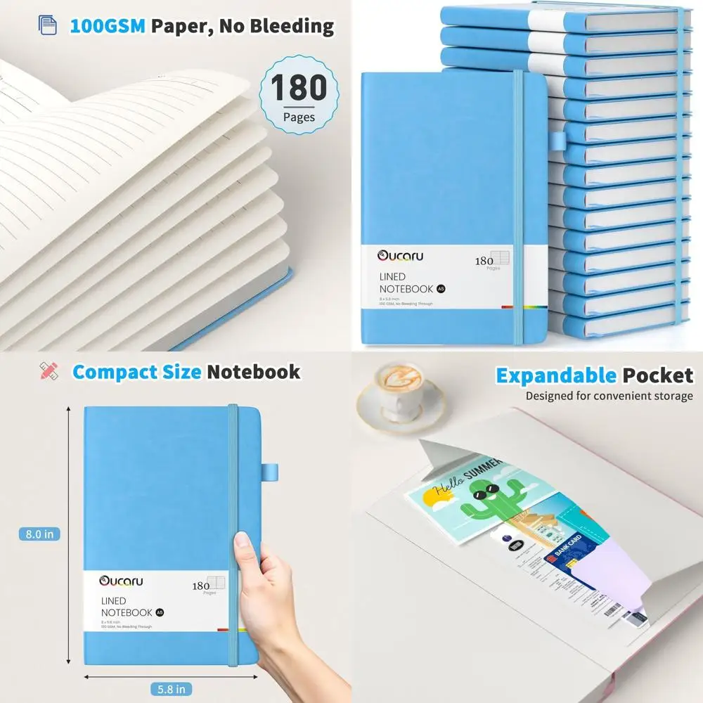 A5 16-Pack Lined Notebooks, 180 Pages, 100 GSM Paper, Ideal for Daily Writing, Work, School, and Travel