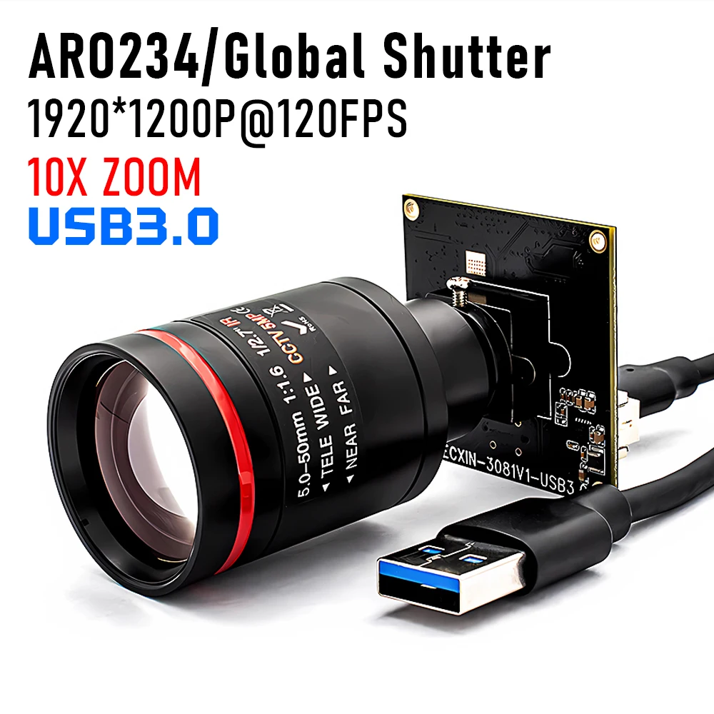 

2.3MP 120FPS Global Shutter USB3.0 Camera 10X Zoom M12 Varifocal Lens Plug And Play CCTV Web Camera for Machine Vision Streaming
