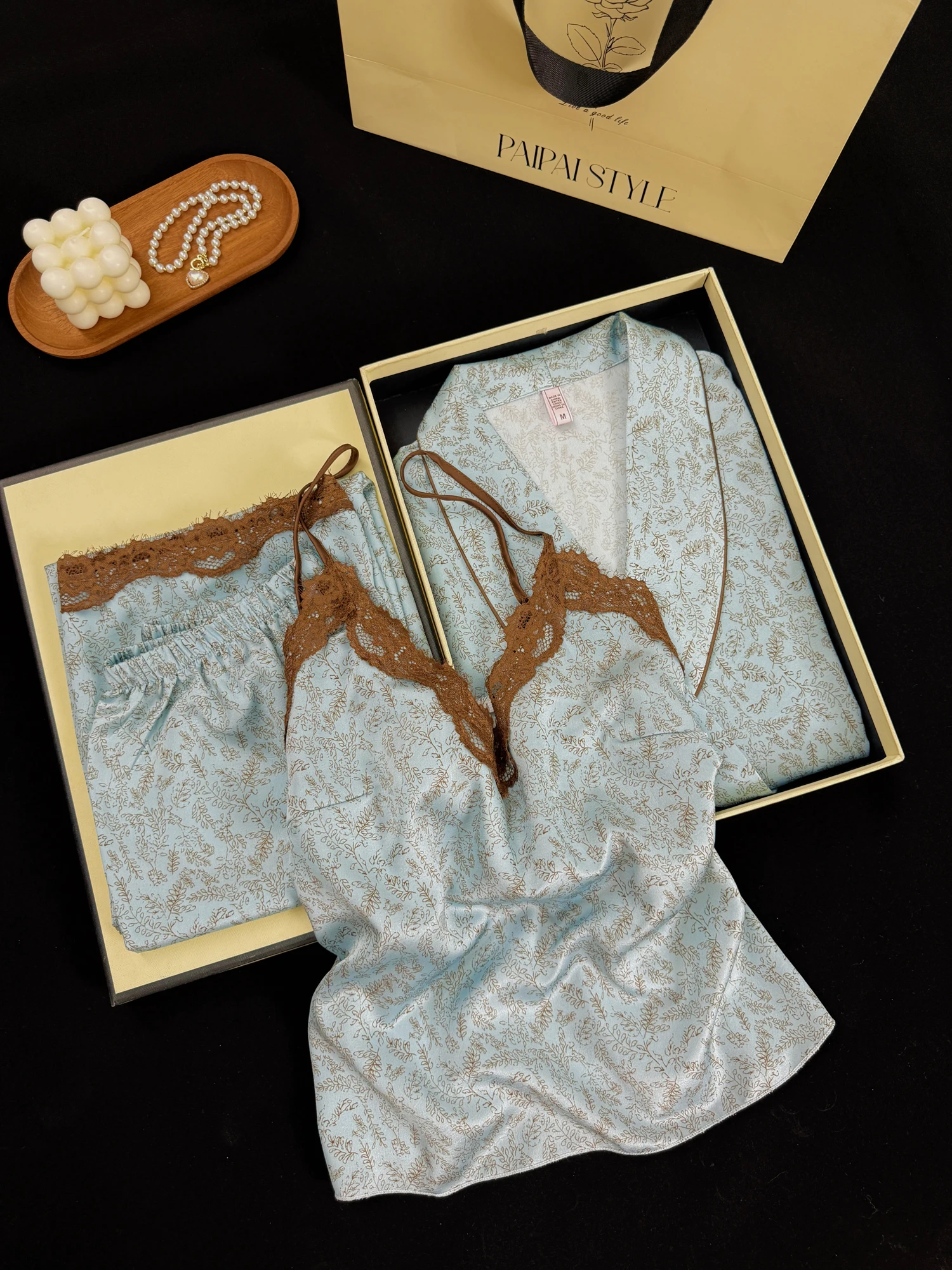 true-silk-sleepwear-women's-summer-three-piece-set-home-clothes-best-friend-gift-v-neck-long-sleeve-short-pants-home-comfort