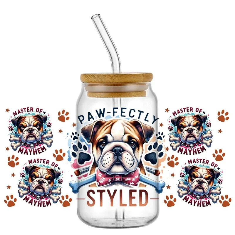 Graffiti Pet Puppy Paw Print UV DTF Wraps, Cute Dog Bone Slogan Waterproof Transfer Decals for 16oz Libbey Glass Can Tumbler