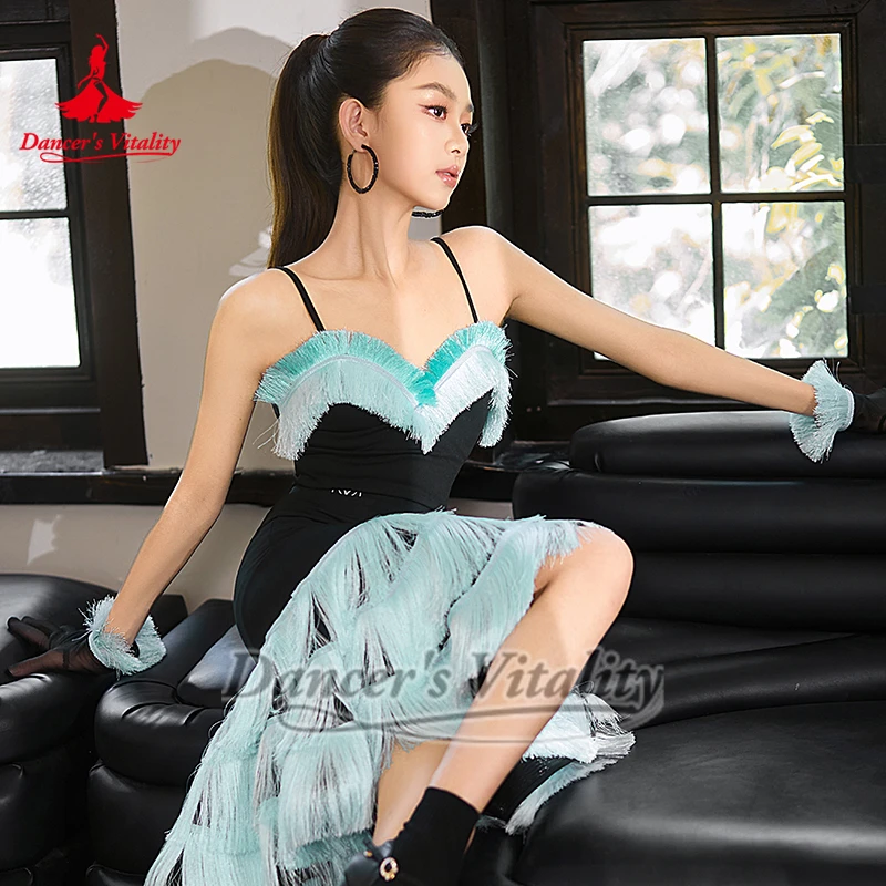 Ensembles d'entraînement et de spectacle avec pompons vert menthe pour filles, jupe à franges de danse latine sans manches, vêtements pour enfants, vitalité de danseuse