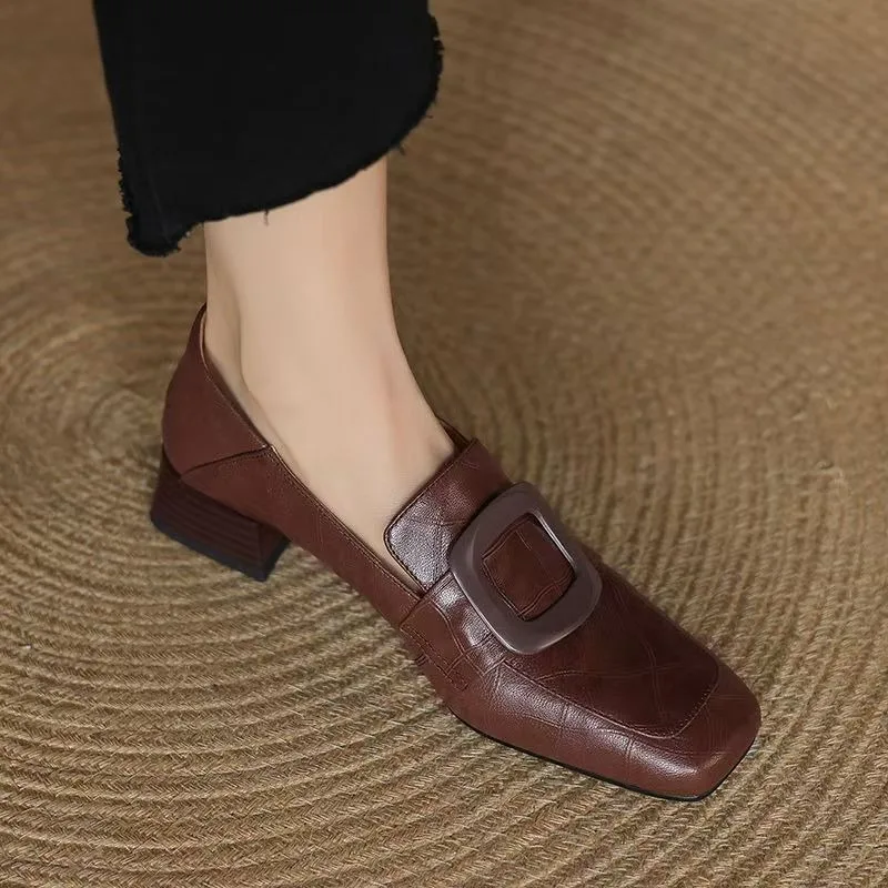 Fashion Square Buckle Designer Ladies Shoes 2026 Spring Retro Solid Color Casual Shoes Daily Office Shopping Ladies High Heels view 4
