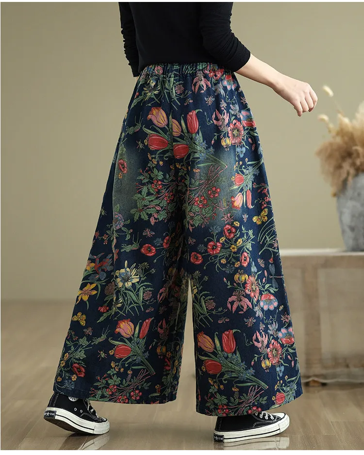 Ethnic Style White Washed Printed Jeans 2026 Women's Spring And Autumn High Waisted Straight Comfortable Wide Leg Casual Pants
