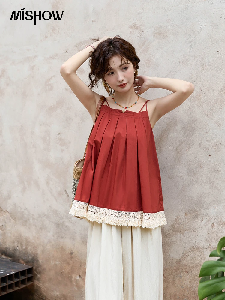 

MISHOW Summer Women's Tassel Edge Spliced Suspended Tank Top Korean Loose Sleeveless Tops Bohemian Retro Red Blouses MXD27X1515