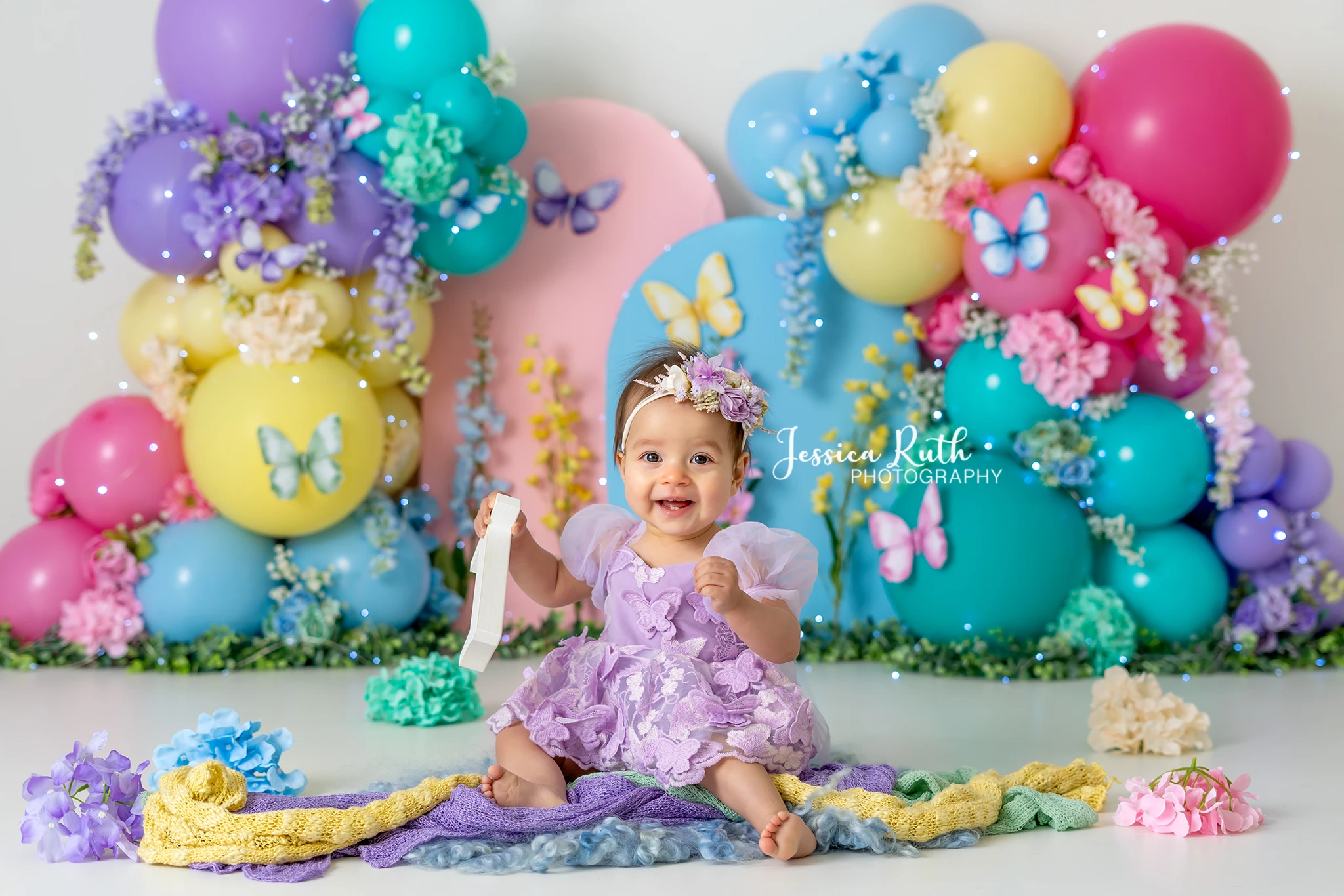 Rainbow Spring Balloons Backdrop Butterfly Floral Kids Baby Cake Smash Photography Props Child Adult Birthday Backgrounds