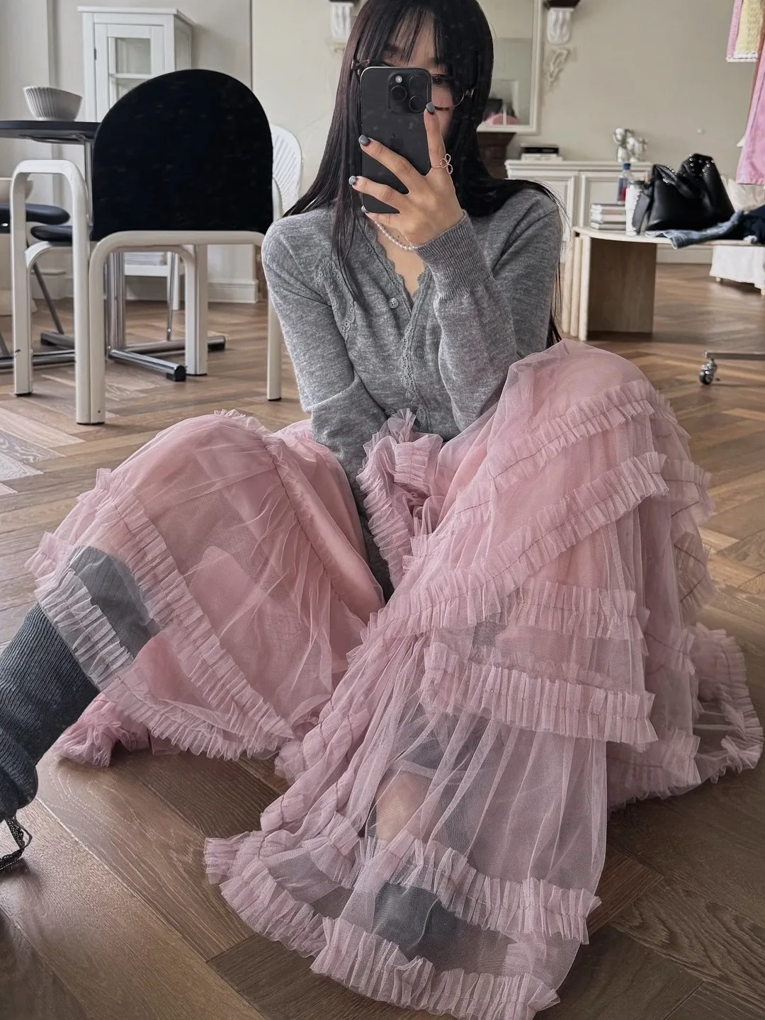 Chic Autumn New Sle Sweet Youthful Splice Irregular Wooden Ear Lace Puffy Net Skirt Women's Cake f Skirt Commute Pure Color