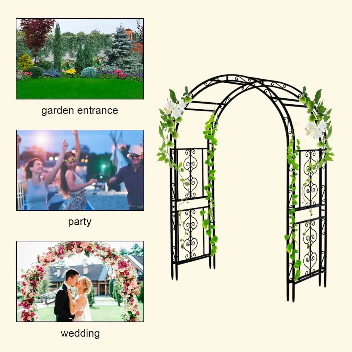 

Customized Easily Assembled Sustainable Waterproof Wrought Iron Metal Wedding Garden Arch for Fower Plants Climbing Stand