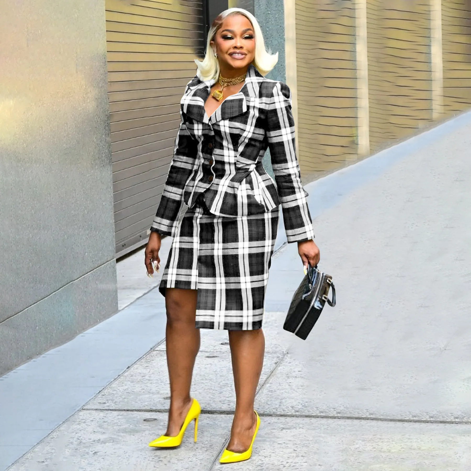 Traje de mujer Sister Star, falda larga informal a cuadros a la moda, paquete de solapa, falda de medio cuerpo a la cadera, conjunto de dos piezas para ir al trabajo con temperamento