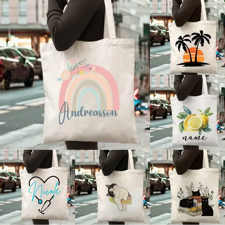 

Personalized Canvas Handbag Rainbow Lemon Printed Single Shoulder Shopping Bag Suitable for Women's Fashionable Reusable Handbag
