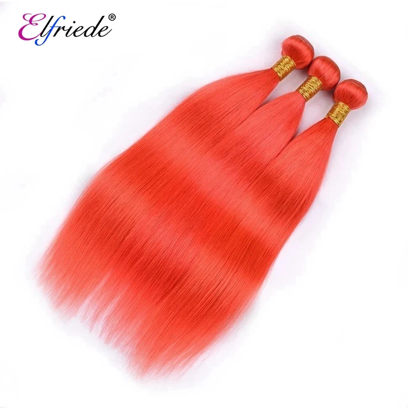 Pacotes de cabelo de cor reta com renda frontal, 100% cabelo humano, renda frontal, Elfria # laranja e vermelho, 3 pacotes, 13x4