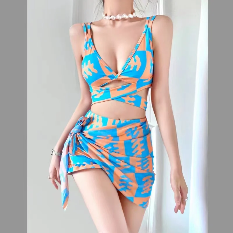 Sexy Split Sequined Swimsuit for Women 2023 New Hot Spring Ins Style High Waist Thin Bikini Three-Piece Suit Swimwear