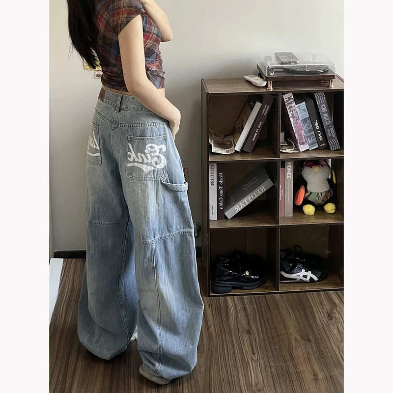 

Y2K Wide Leg Pants Women Curved Knife Denim American Retro Letter Printing Loose Fit Floor Length Spring Trousers