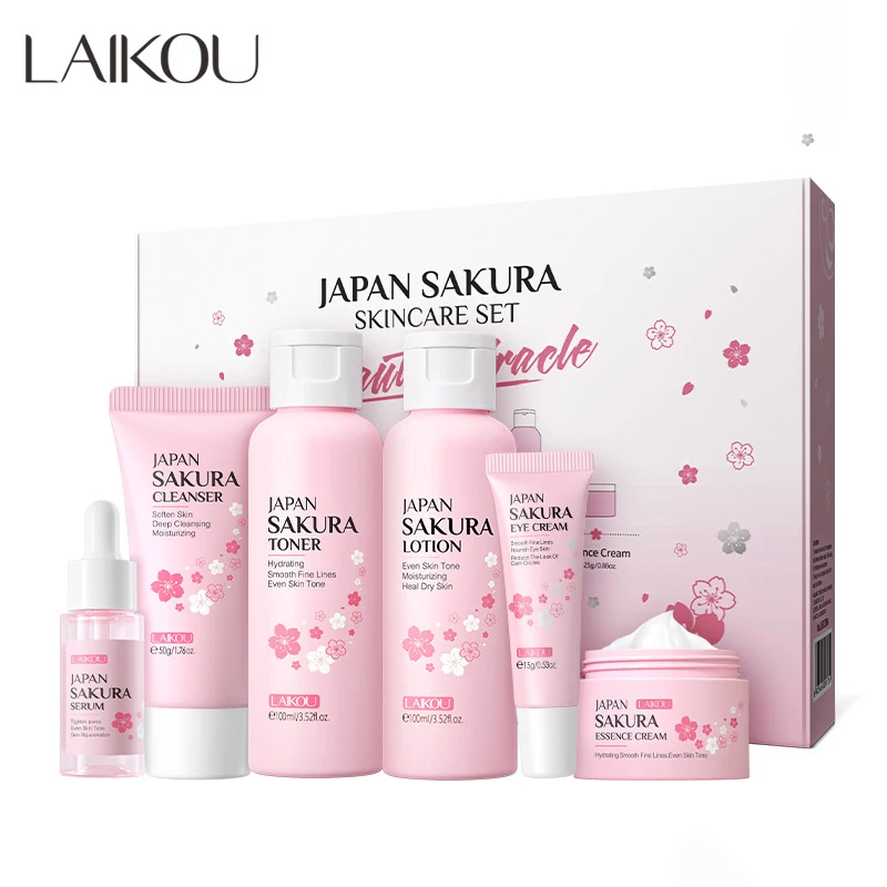 LAIKOU Sakura Skin Care Sets Facial Cleanser Hydrating Eye Creams Face Cream Serum Lotion Toner Moisturizing Face Care Kit