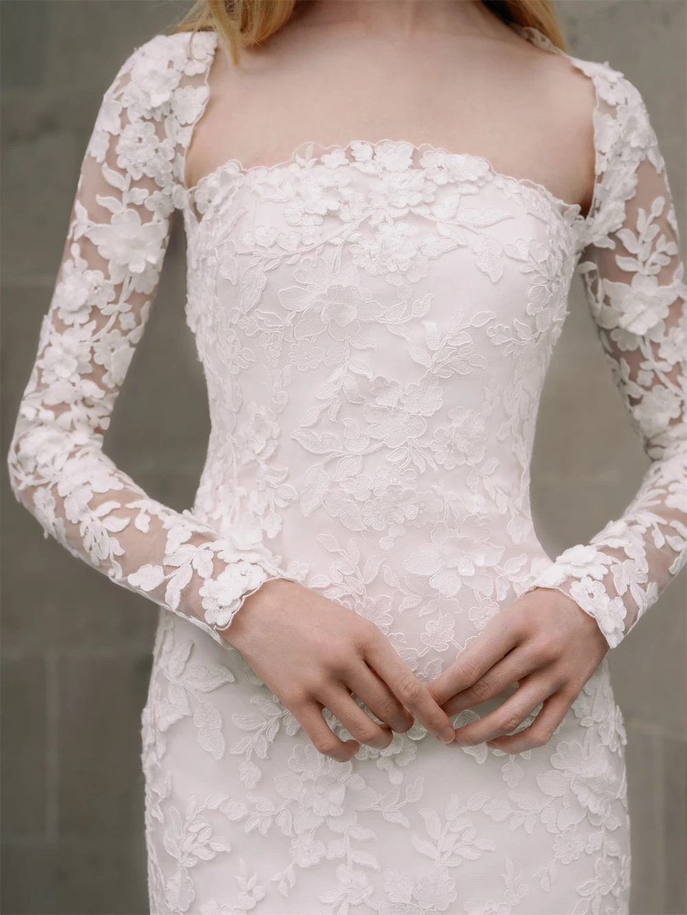 فستان زفاف دانتيل أبيض ناعم مخصص بياقة مربعة وأكمام طويلة زي العرائس ناعم حورية البحر ذيل محكمة رداء de mariée #3