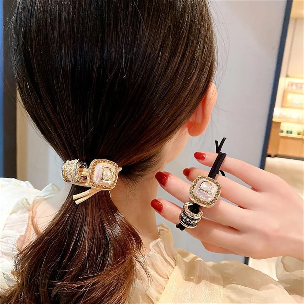 New Rhinestone Letter D Elastic Hair Ties Women Korean Style Rubber Band Girl Semi Tied Ponytail Hair Loop Hair Accessories