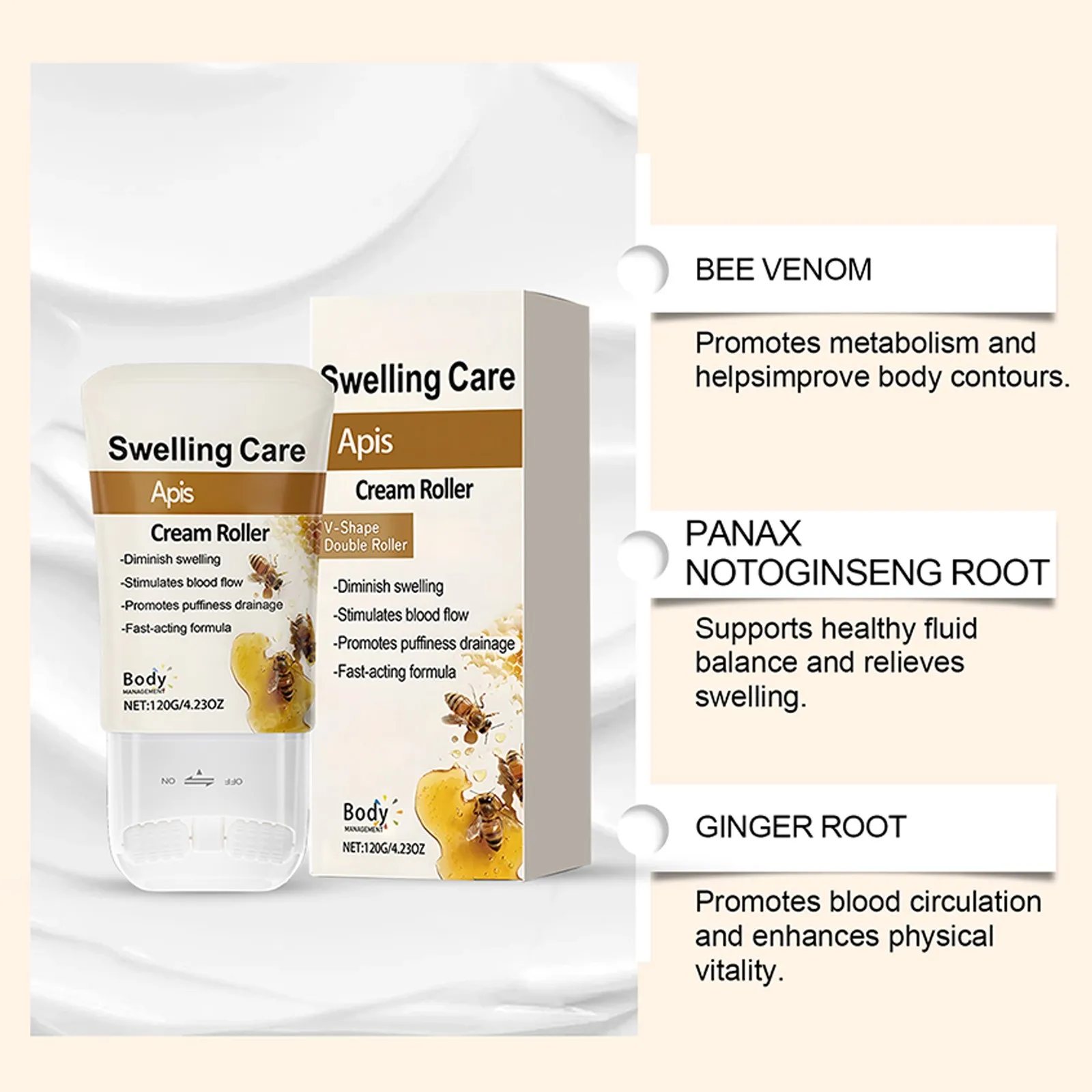 Anti-Swelling Roller Cream 120g - Firming Moisturizer for Edema Relief, Fine Line Reduction & Skin Lifting (Dermatologist-Tested