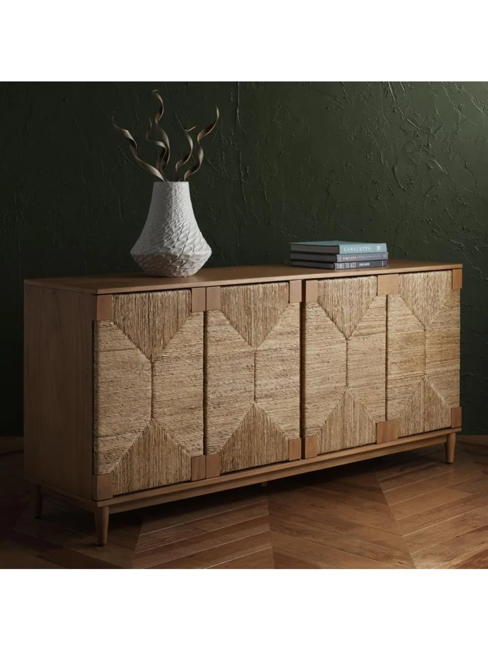 

Couture Collection Roseanne Natural Banana Stem 4-Door Sideboard Buffet Storage Table, Ideal for Dining Room, Living Room