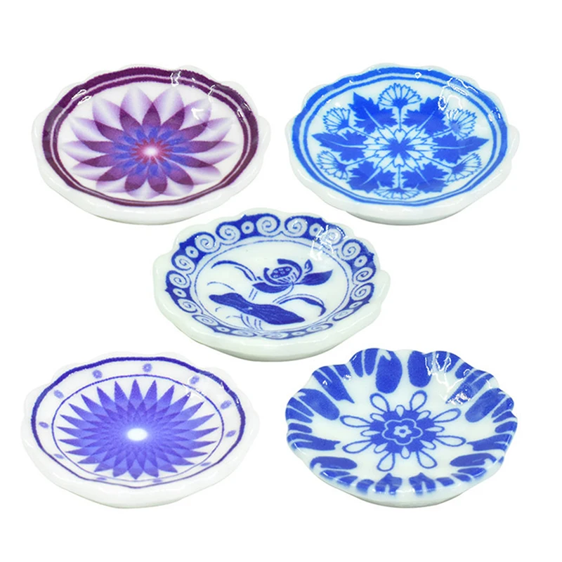 5 uds casa de muñecas placa azul y blanca modelo Mini platos de comida plato de comedor de simulación accesorios de cocina juguetes para juego de imitación