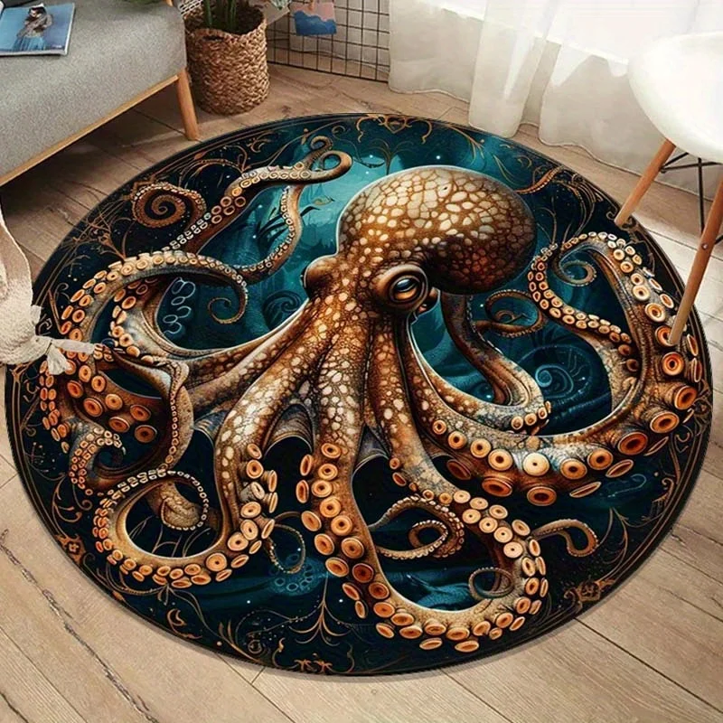 Octopus Sea Creature Round Rug Flannel Ocean Marine Life Print Area Mat For Bathroom Bedroom Decor Unique Artistic Floor Carpet