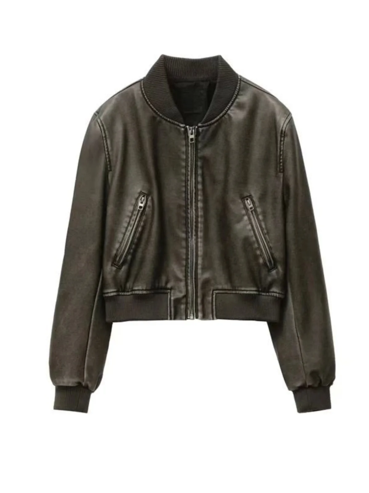 Women's Stand up Collar ort Leather Jaet Street Sle Slim Fit Zipper Closure  Color Faion Outerwear