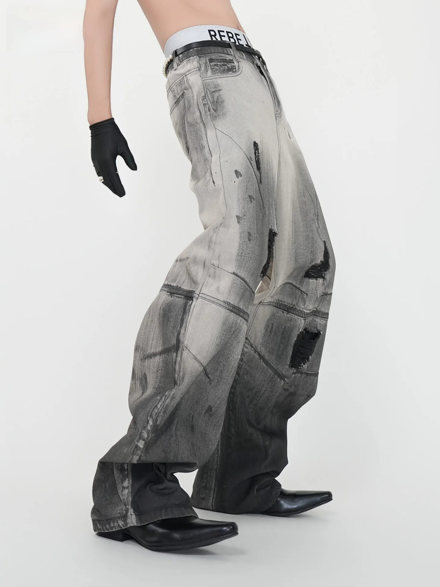 

VE2 Heavy Industry Retro Distred Wide Leg Men's Jeans Water Waed Vintage Sle Youthful ular Cotton Polyester Blend