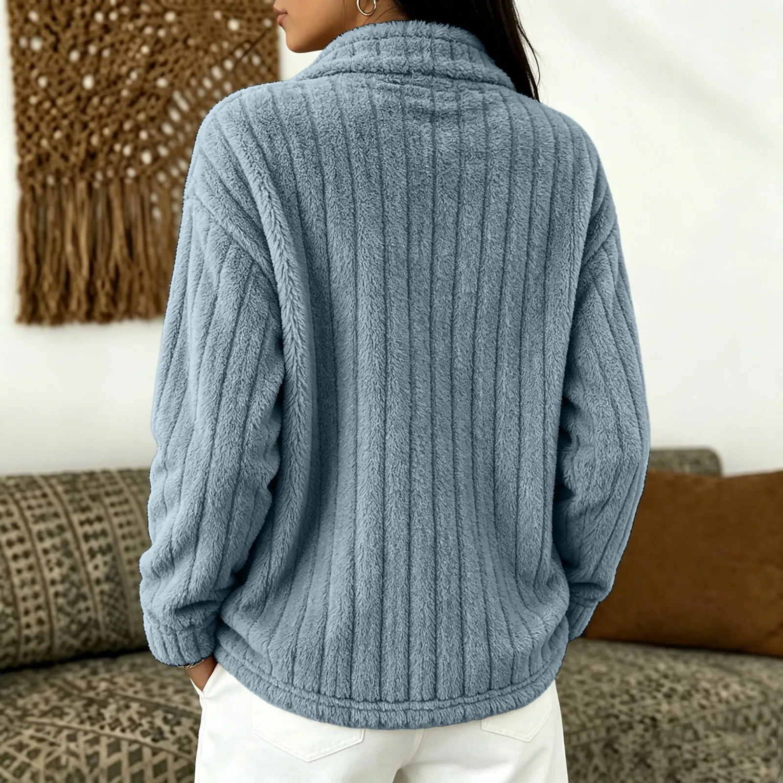 Women's Autumn Winter Turn Collar Ribbed Fleece-lined Warm Zip-up Long-sleeved Sweatshirt