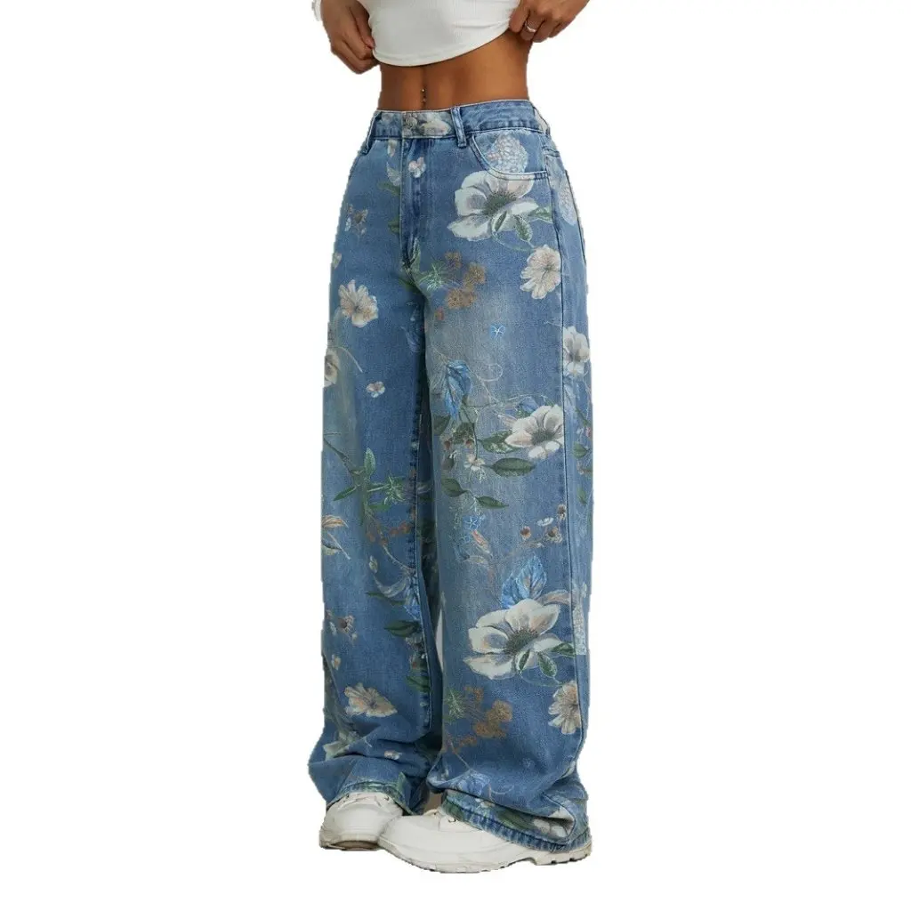 

European And American Street Trend Loose Straight Leg Denim Pants Printed Design in Stock