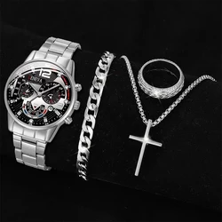 Men's 4Pcs Fashion Set Casual Quartz Watch With Calendar Silver Cross Pendant Necklace Ring and Bracelet - Perfect Gift For Him