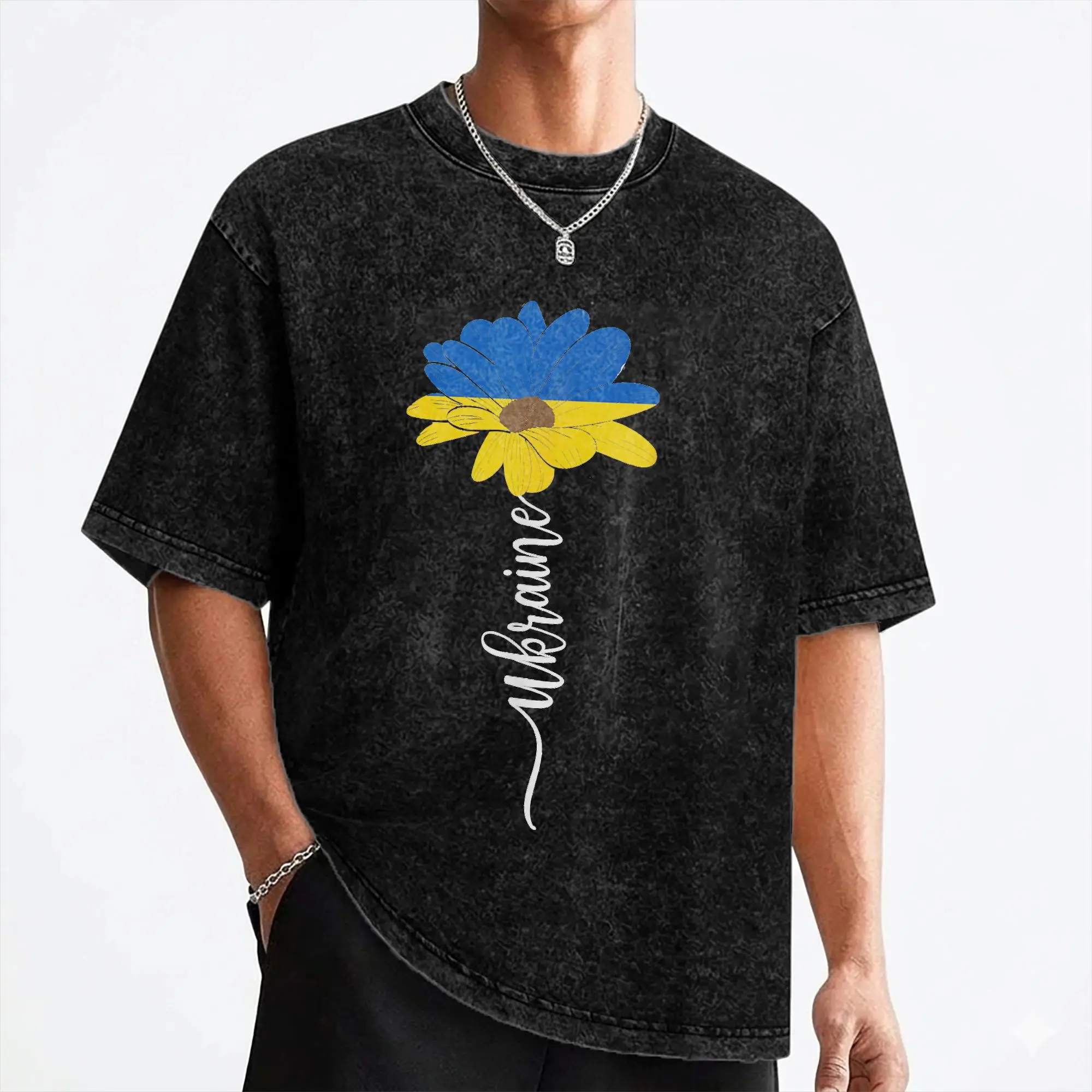 Sunflower Ukrainian Ukraine Flag T Shirt Washed Short Sleeve Street T-Shirts  Fashion Men Women Streetwear Summer Tees