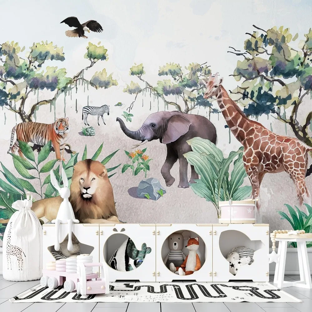 

Safari Animal Elephant Giraffe Lion Wallpaper Jungle Wall Mural for Kids Removable Peel and Stick Nonwoven Nursery Kids Room