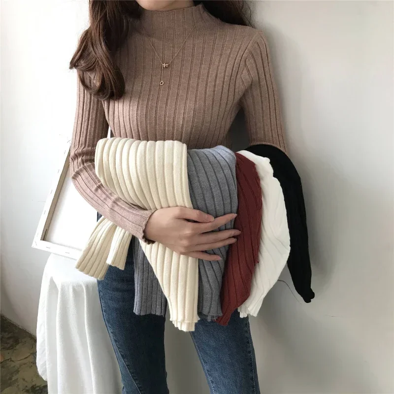 

Turtleneck Korean Style Fleece Elastic Tops & Tees Women's Slim Fit Sweater Underwear Solid Color Jumpers Woman Winter Clothing