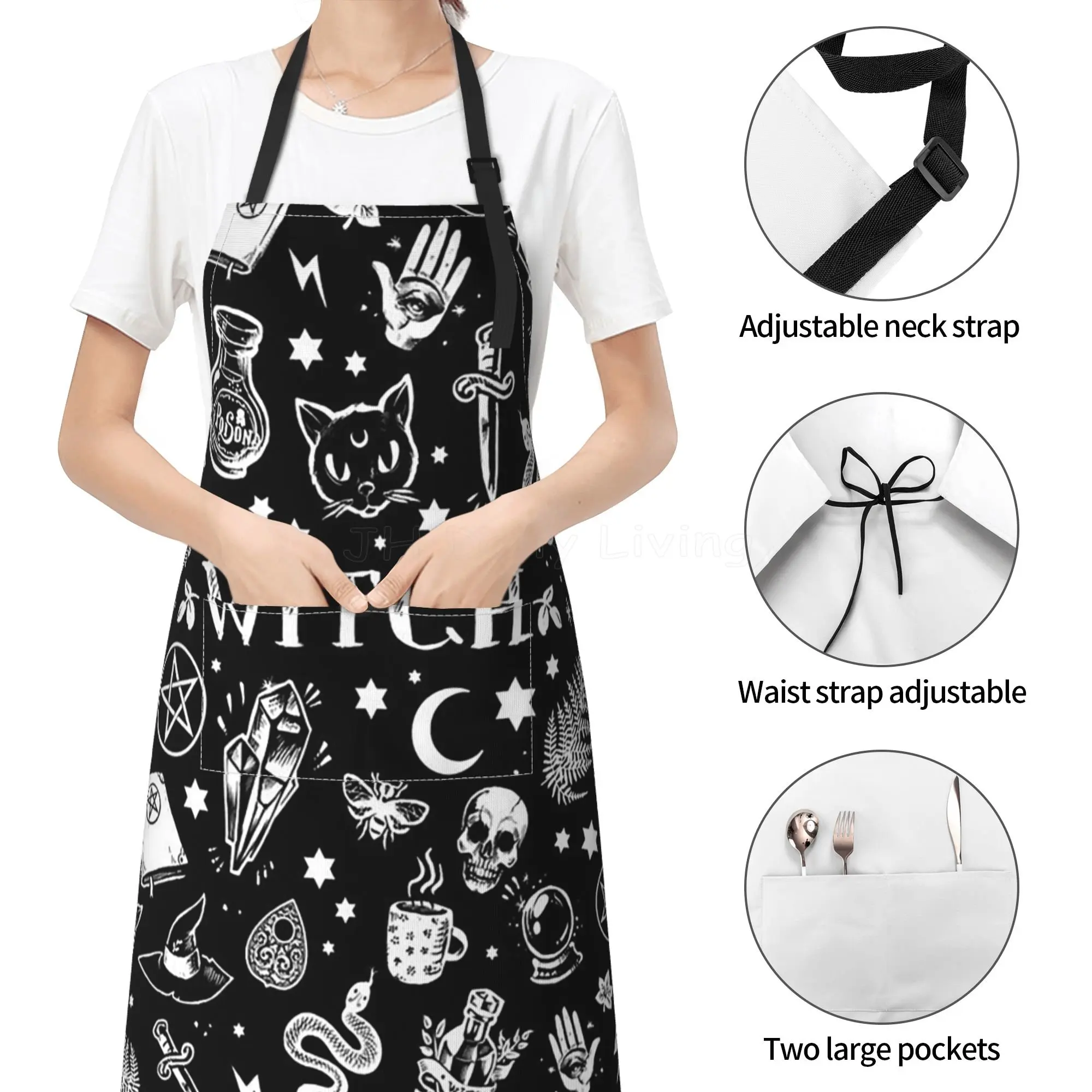 Black and White Witches Magic Tattoo Cat Snake Skull Moon Stab Magic Symbol Apron Unisex Waterproof Kitchen Aprons with Pocket